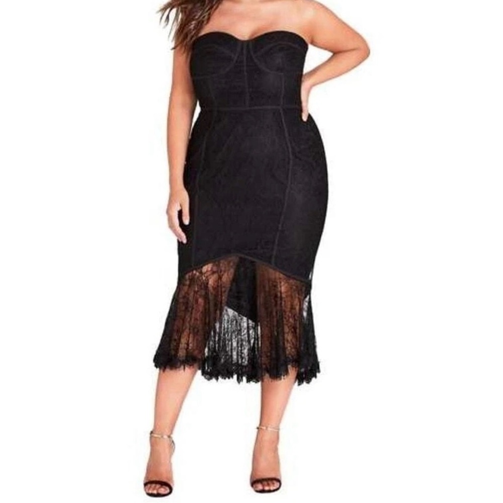City Chic Black Strapless Lace-Trim Midi Dress